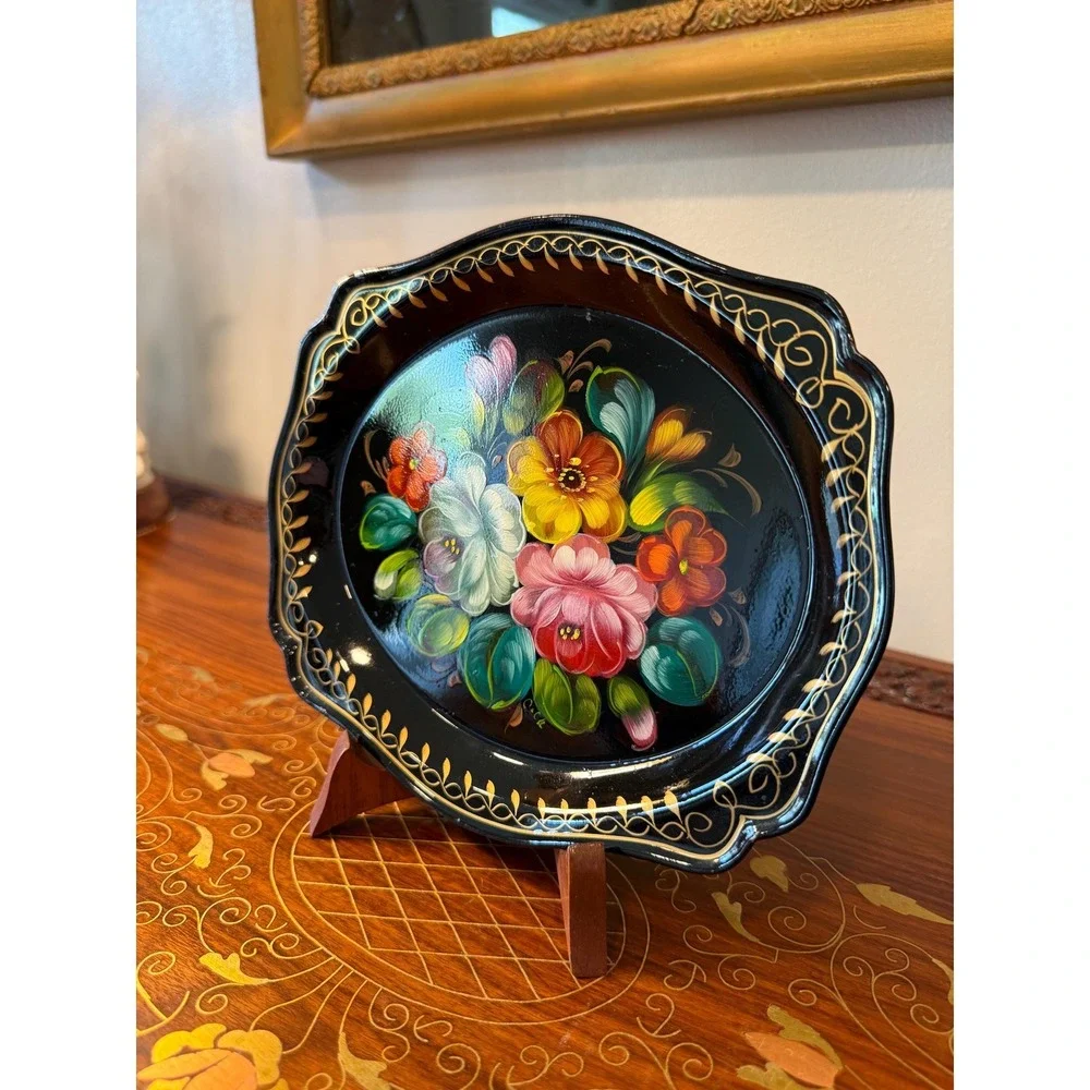 Vintage Black Tole Floral Tray - Hand‎ Painted with Stand
